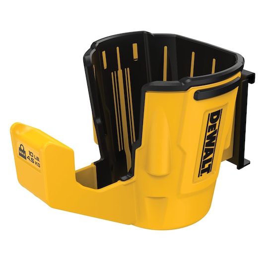 Yellow DEWALT plastic tool holder with black accents, designed for carrying tools, max load 10 lbs.