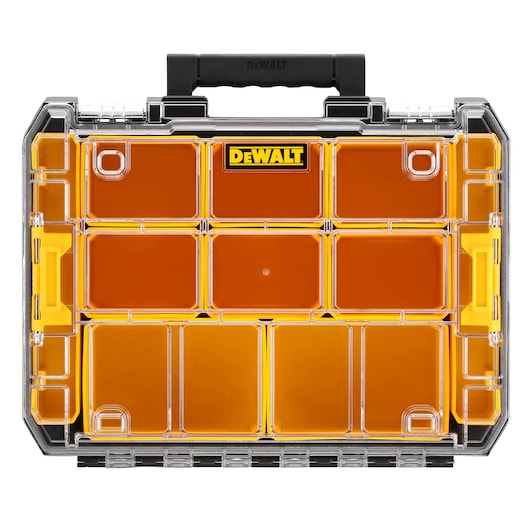 DEWALT orange and clear compartment organizer case with black handle, used for storing small tools or accessories.