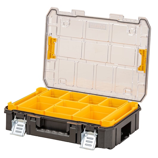 A DEWALT plastic organizer case with a transparent lid, yellow interior compartments, and metal latches. The case is open, showing multiple divided sections for storing small items.