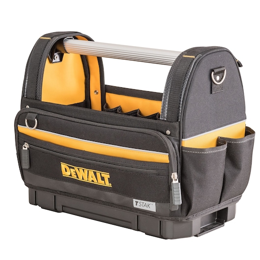 Black and yellow DEWALT tool bag with pockets, front zipper, and metal handle.