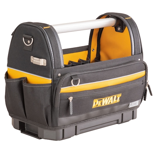 DEWALT TSTAK tool bag with multiple pockets, reinforced handle, and yellow-black design for organizing tools.