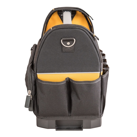 Black and yellow DEWALT tool bag with multiple pockets and a sturdy handle, shown from the front.