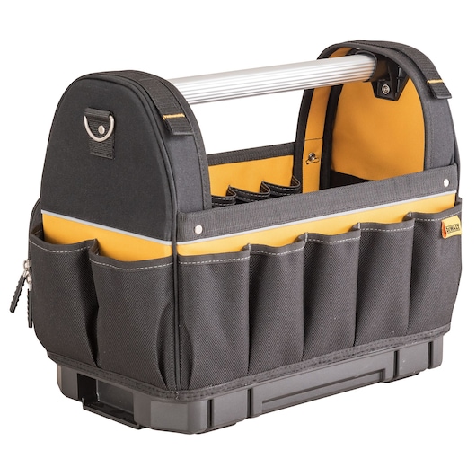 Open DEWALT tool bag with multiple pockets, black and yellow fabric, and metal handle.