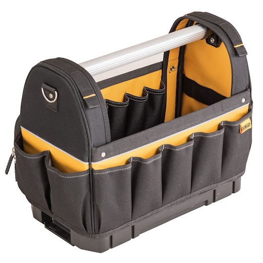 Black and yellow DEWALT tool bag with multiple pockets and sturdy handle, designed for organizing tools.