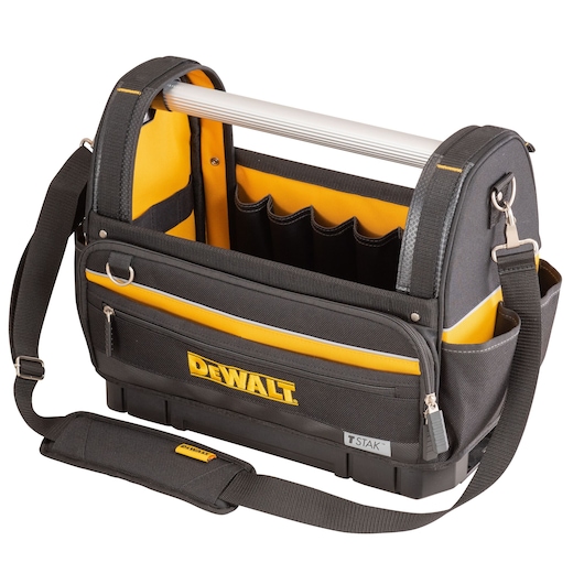 Black and yellow DEWALT tool bag with shoulder strap, open compartments and sturdy handle.