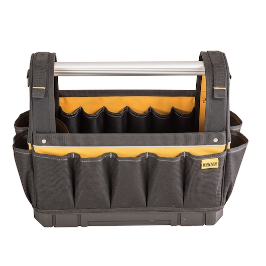 Black DEWALT tool tote with multiple pockets, yellow interior, and sturdy handle for carrying tools.