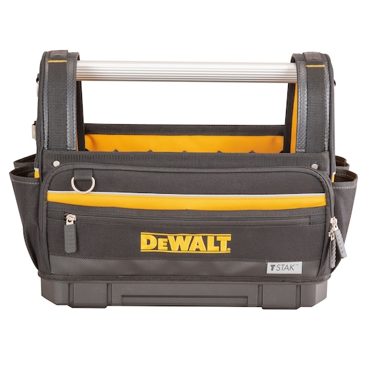 DEWALT black and yellow tool bag with metal handle and multiple pockets, front DEWALT logo visible.