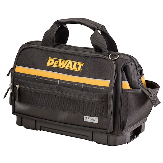 DEWALT black tool bag with handles, yellow stripe, zippered pockets, TSTAK base.