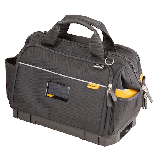 Black DEWALT tool bag with zippers, side pockets, top handles, and reinforced base, designed for carrying tools.