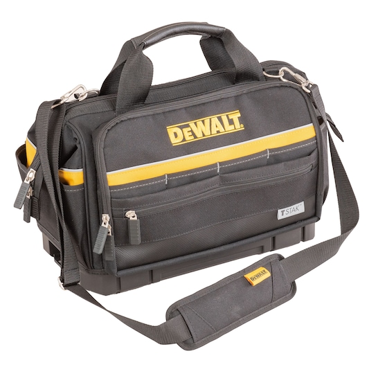 Black DEWALT tool bag with yellow accents, shoulder strap, zippered pockets, and handle.