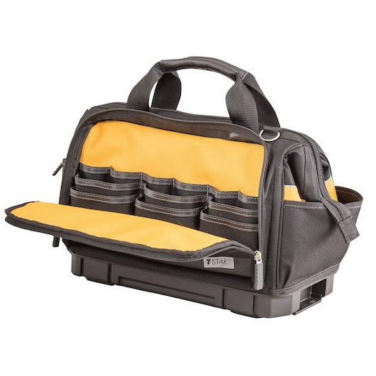 DEWALT tool bag with open front flap, showing multiple yellow and black pockets for tool organization.