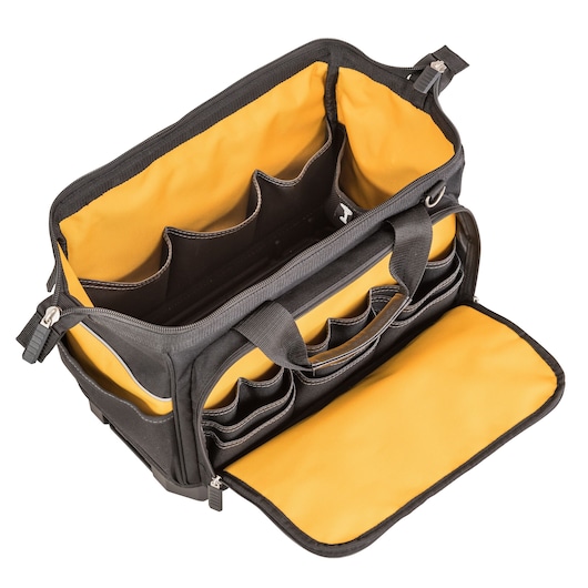 Open DEWALT tool bag with yellow inner compartments and multiple pockets for organized storage.