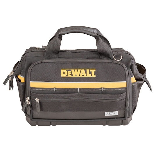 DEWALT black and yellow tool bag with handles and multiple zippered pockets, front view.
