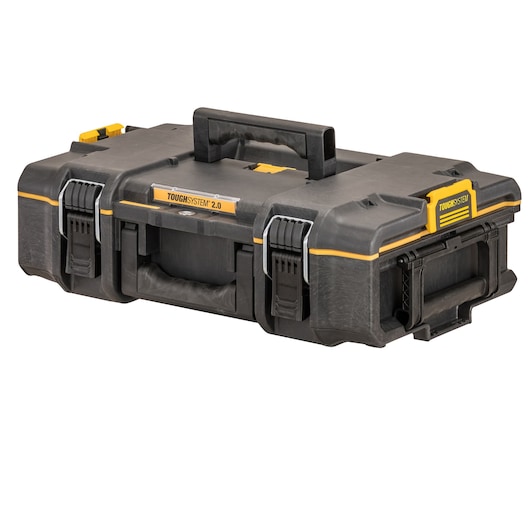 Black DEWALT ToughSystem 2.0 toolbox with handle and secure latches, suitable for storing tools and accessories.