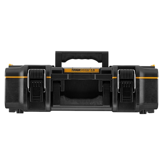 Front view of a DEWALT ToughSystem 2.0 black tool box with yellow accents and secure latches.