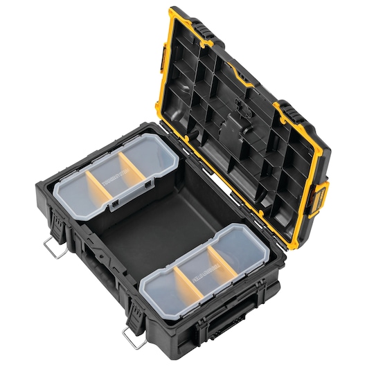 Open black DEWALT toolbox with yellow accents, showing two removable organizer trays inside.