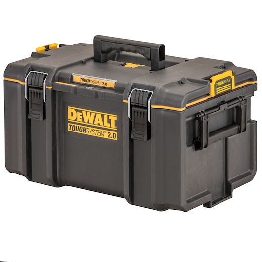 DEWALT ToughSystem 2.0 black and yellow tool box with sturdy handles and secure latches.