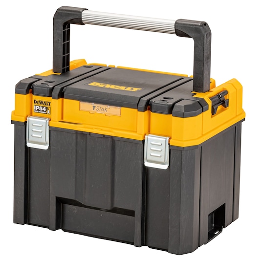 Black and yellow DEWALT toolbox with sturdy handle and metal latches for secure storage.