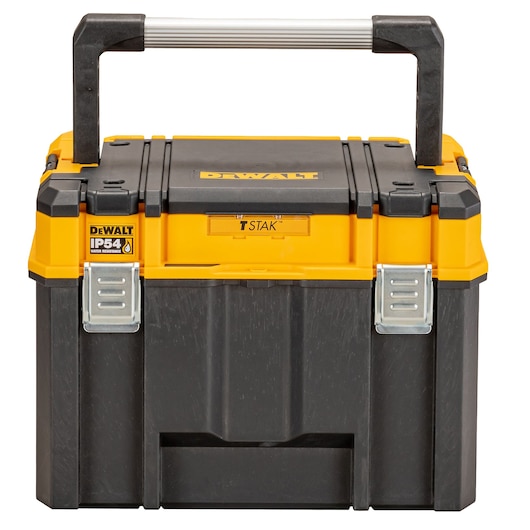 DEWALT TSTAK IP54 tool storage box with a black and yellow design and sturdy handle.