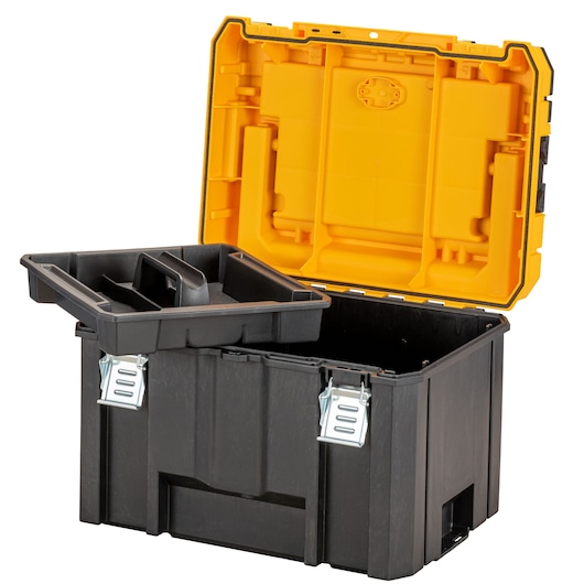 Open DEWALT black and yellow toolbox with removable tray inside, showing compartments for storage.