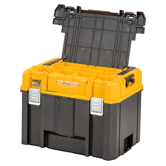DEWALT black and yellow tool box DWST83343-1 with open lid, metal latches and interior compartments.