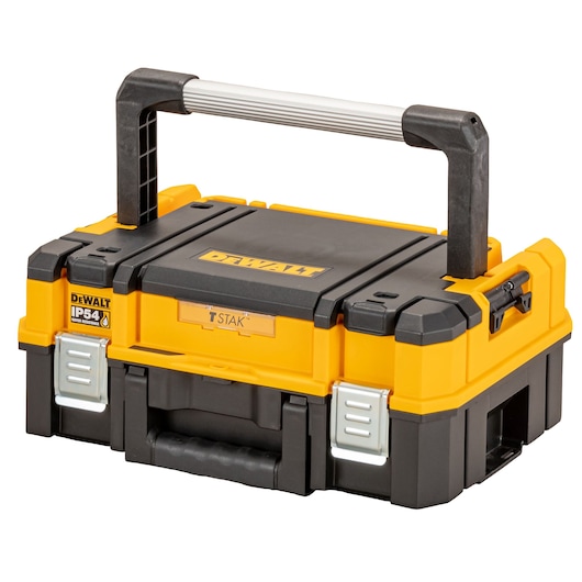 DEWALT DWST83344-1 yellow and black toolbox with a sturdy handle and lockable latches, suitable for tool storage.