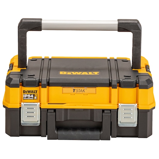 DEWALT TSTAK IP54 tool box with black and yellow design and a sturdy handle, shown from the front.