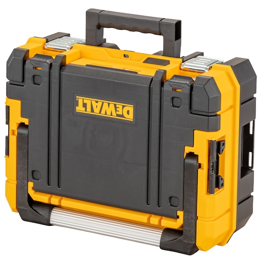 Dewalt black and yellow tool case with handle and secure metal latches, designed for storage and transport.