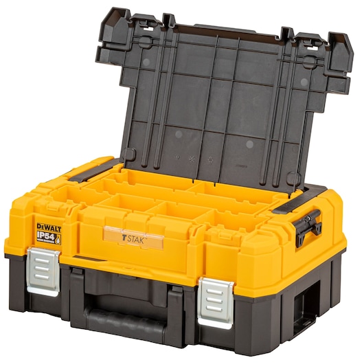 Yellow and black DEWALT tool box with open lid, showing interior compartments and sturdy latches.