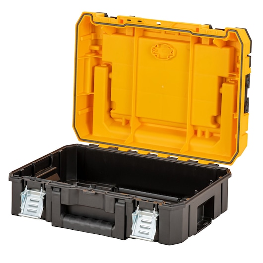 Open DEWALT toolbox with yellow lid and black base, featuring metal latches and sturdy plastic handle.