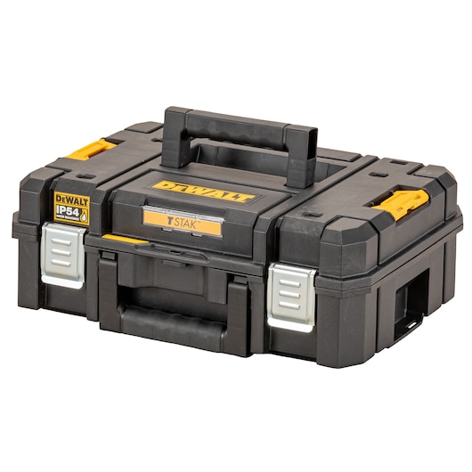 Black DEWALT TSTAK toolbox with handles and yellow accents, shown closed on a white background.