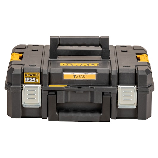 DEWALT TSTAK IP54 water-resistant black tool box with handles and metal latches.