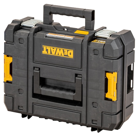 Black DEWALT hard plastic tool case with yellow accents, sturdy handles, and secure metal latches.