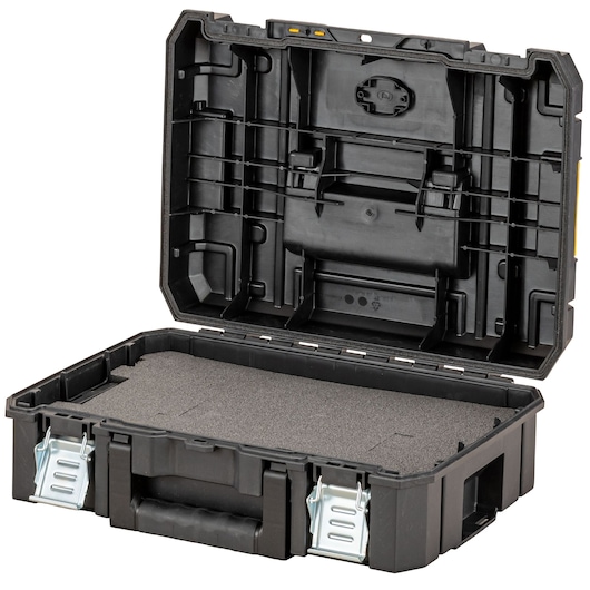Open DEWALT black plastic hard case with foam interior, metal latches, and sturdy handle.