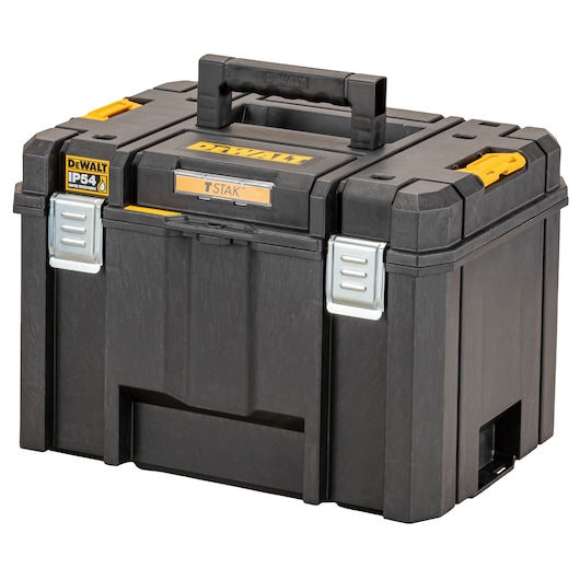 Black DEWALT TSTAK storage box with yellow accents, sturdy handle, and IP54 water resistance label.