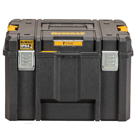 Front view of a DEWALT TSTAK IP54 black tool box with yellow accents and metal latches.