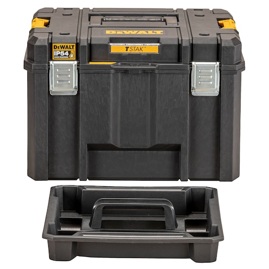 DEWALT black tool storage box with metal latches and removable tray shown in front.