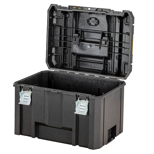 Black DEWALT toolbox with open lid and metal latches, empty interior, rectangular shape, shown on white background.