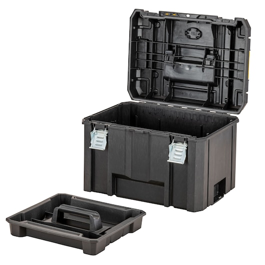 Black DEWALT toolbox with open lid and removable tray, shown on a white background.
