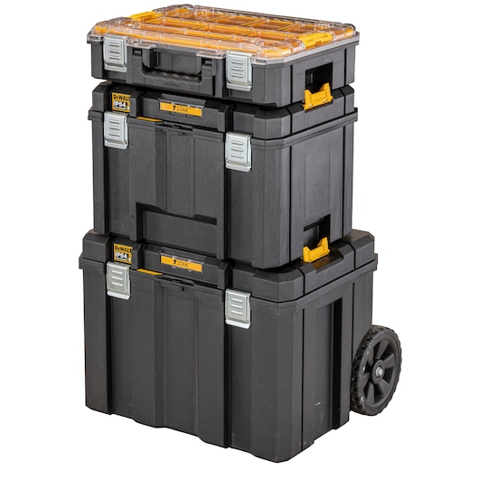 Stacked DEWALT TSTAK toolboxes with wheels and yellow latches for easy transport and storage.