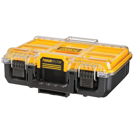Sturdy DEWALT ToughSystem tool box with yellow lid, transparent locks and black base.