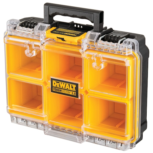 DEWALT ToughSystem 2.0 organizer case with yellow compartments and clear lid, suitable for tool storage.