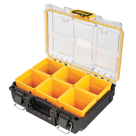 Open DEWALT organiser case with clear lid and six yellow removable compartments for tool storage.