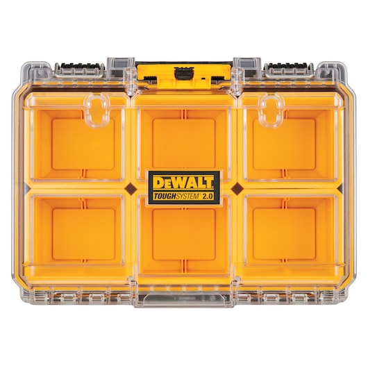 Yellow DEWALT ToughSystem 2.0 organizer with six compartments and clear lid.