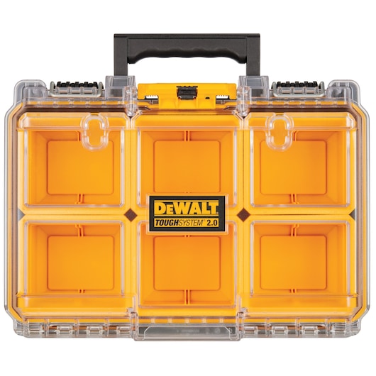 Dewalt ToughSystem 2.0 storage organizer with six yellow compartments and a black handle.