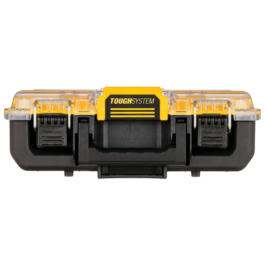Front view of a DEWALT ToughSystem tool storage box with yellow, black, and clear components.