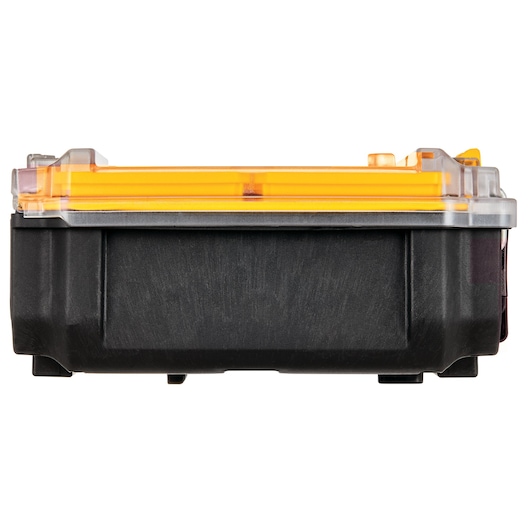 Black DEWALT storage box with transparent yellow lid shown from the front.
