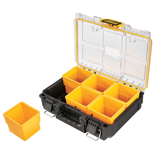 Black tool box with clear lid and six removable yellow storage containers, one placed outside.