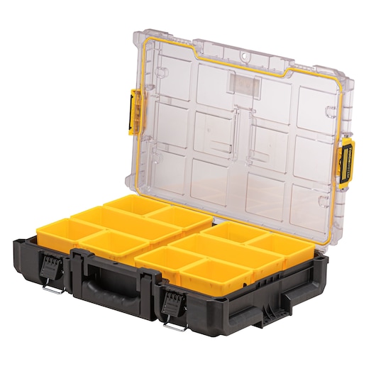 Open DEWALT organizer case with yellow removable compartments and transparent lid.