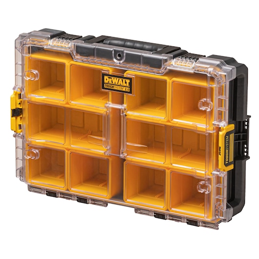 DEWALT ToughSystem 2.0 organizer with a clear lid and 12 yellow compartments for storage.